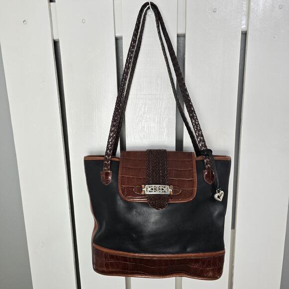 Brighton 90s Medium Brown Black Shoulder Tote Bag Purse 852249 Minimalist Mature - Picture 1 of 14